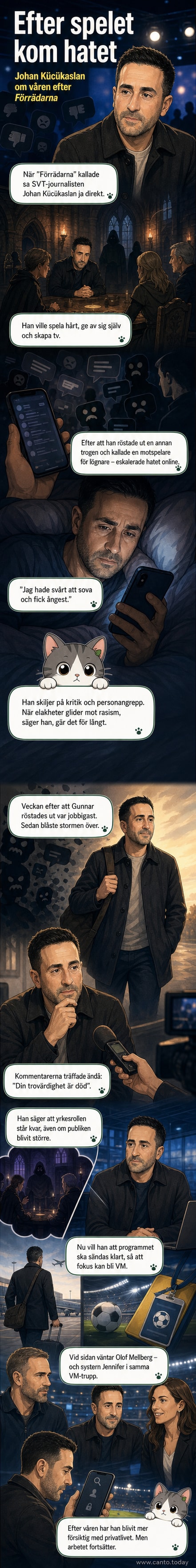 Johan Kücükaslan står leende i en park, klädd i svart jacka och jeans, med en mobil i handen.