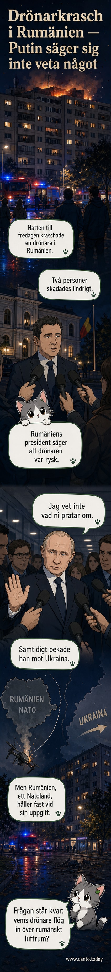 Illustration av en drönare som kraschar i ett rumänskt landskap med militär personal i bakgrunden och en skylt med texten 'Ryssland?'