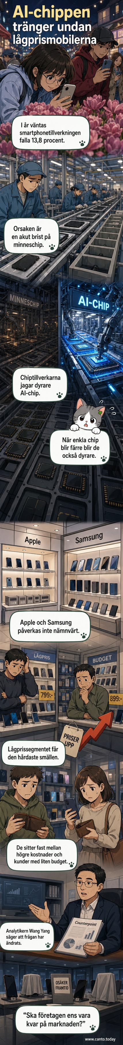 Illustration av en halvmonterad smartphone med tomma platser för chip, omgiven av pilar som pekar mot AI-symboler och en bristindikator.