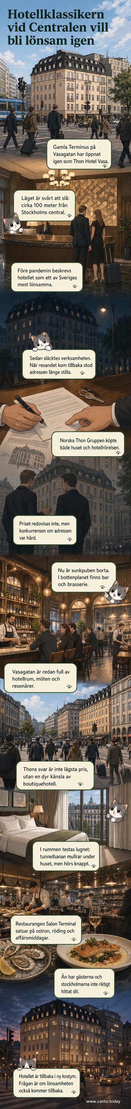 En nyrenoverad hotellfoajé med mörka paneler, elegant ljus och gäster som slappar i loungeområdet – fasaden syns genom stora fönster mot Vasagatan.