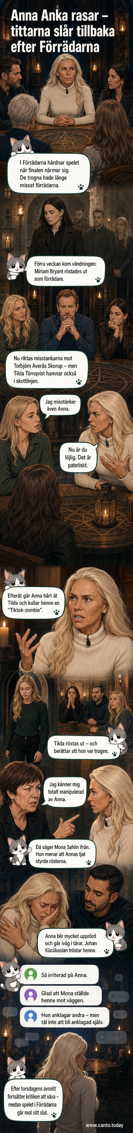 Anna Anka står upprörd i en grupp av deltagare från Förrädarna, med Mona Sahlin i bakgrunden.
