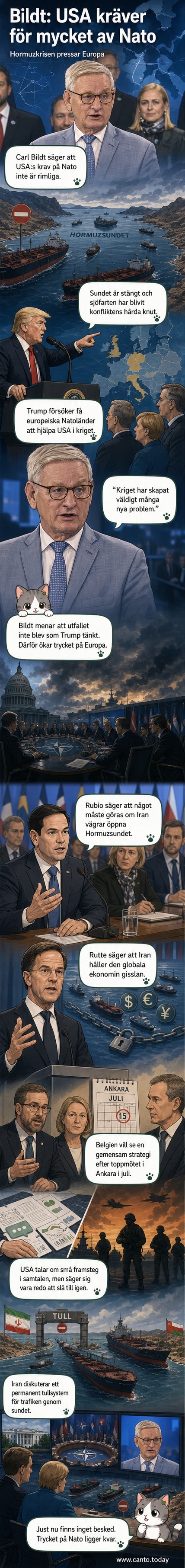 Illustration av Hormuzsundet med militärfartyg och diplomatiska symboler, omgiven av kartnoder för USA, Iran, Israel och Nato-länder.