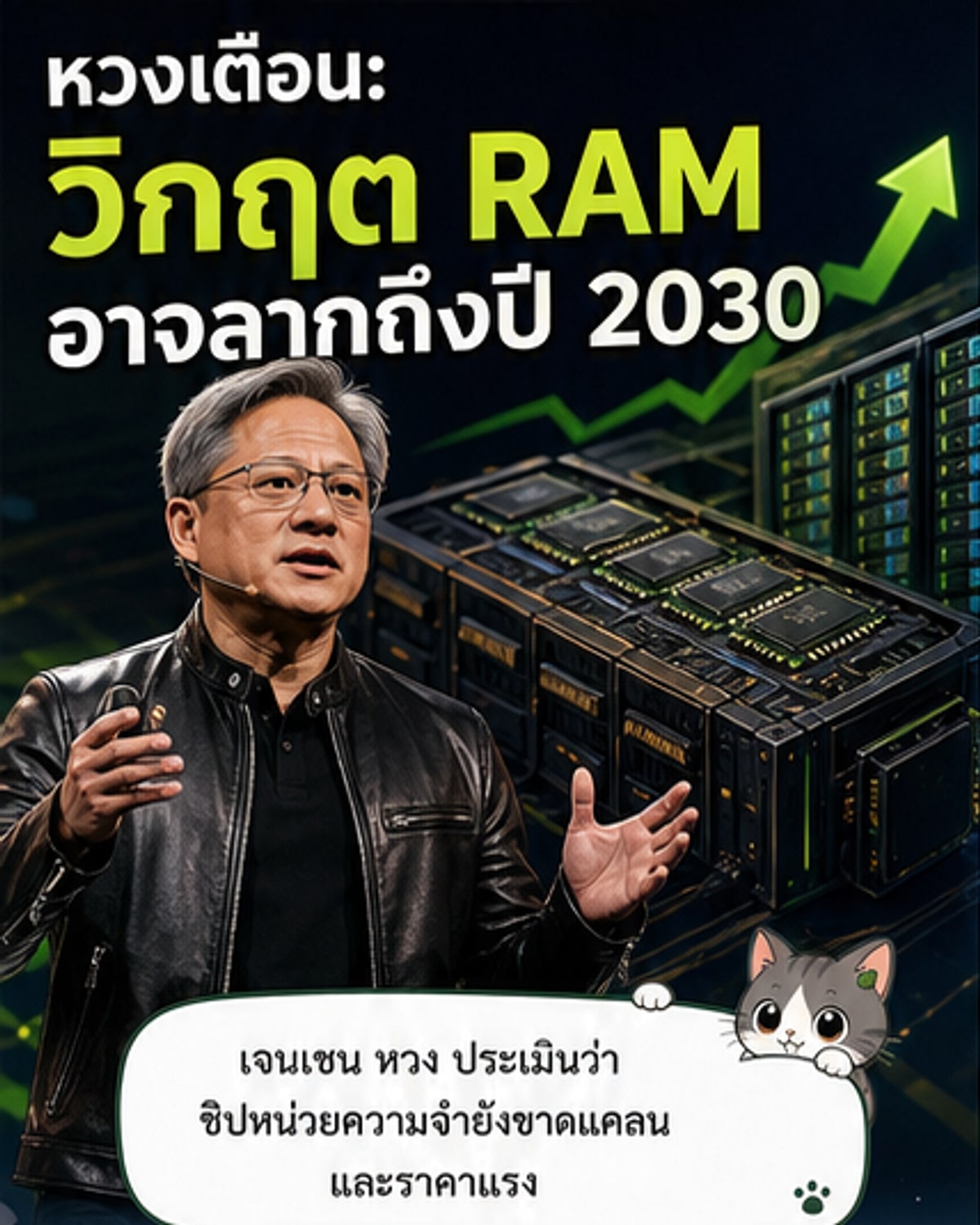 ภาพประกอบแสดงการขาดแคลนชิปหน่วยความจำที่ส่งผลให้ราคาฮาร์ดแวร์พุ่งสูง พร้อมกราฟแนวโน้มราคาและปฏิทินถึงปี 2030