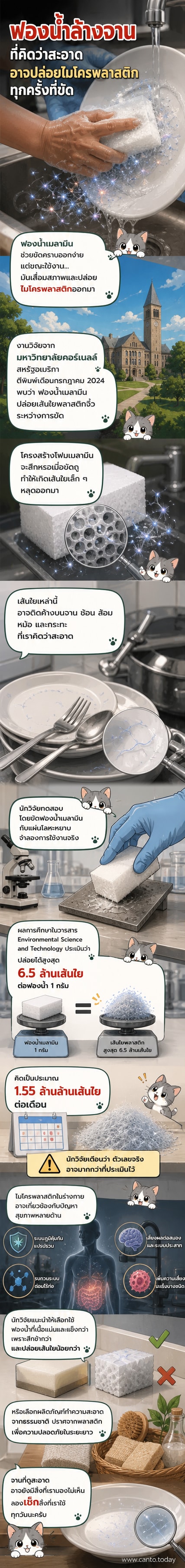 ภาพประกอบแสดงฟองน้ำเมลามีนที่กำลังสึกกร่อนและปล่อยอนุภาคไมโครพลาสติกลงบนจานที่วางอยู่บนโต๊ะอาหาร