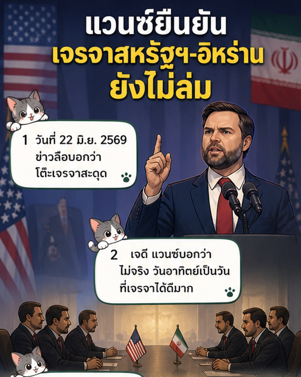 ภาพประกอบเว็บตูนแสดงรองประธานาธิบดีสหรัฐฯ เจดี แวนซ์ ยืนแถลงข่าวที่สวิตเซอร์แลนด์ พร้อมภาพพื้นหลังเป็นแผนที่ตะวันออกกลางและสัญลักษณ์นิวเคลียร์