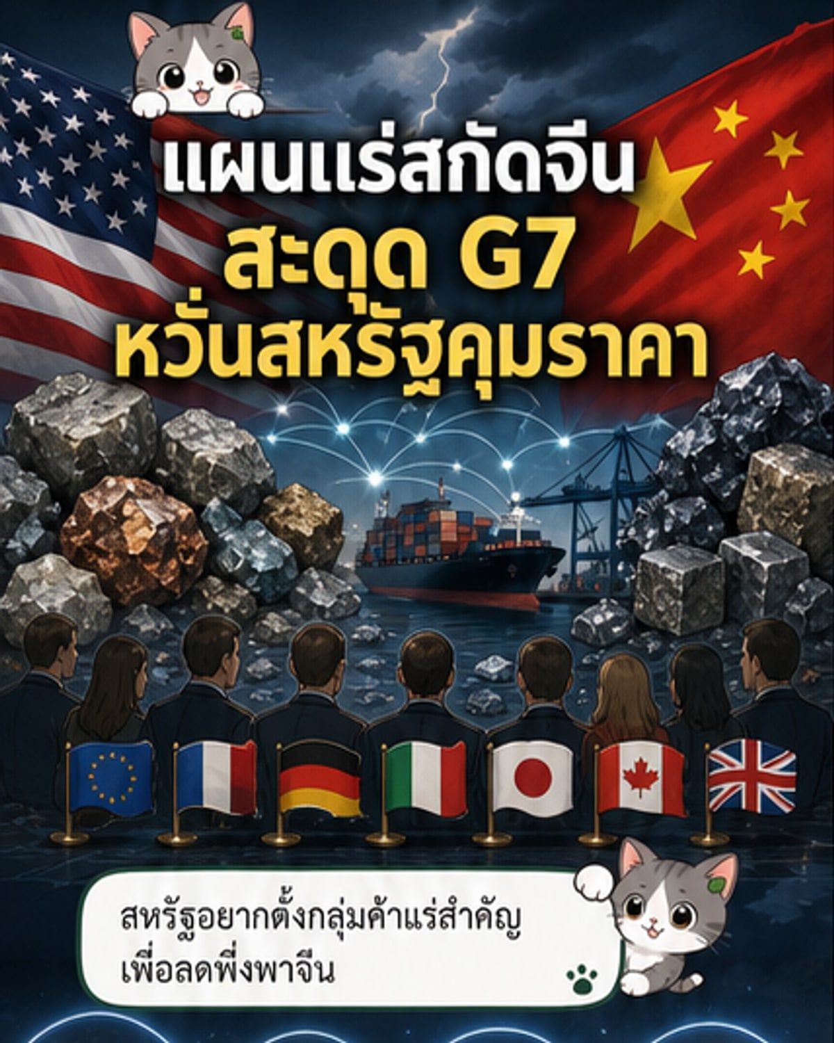 ภาพประกอบเว็บตูนข่าว แสดงแผนที่โลกพร้อมเส้นทางการค้าแร่สำคัญ ด้านหนึ่งคือจีน อีกด้านคือสหรัฐและพันธมิตร G7 ที่กำลังเจรจา พร้อมไอคอน AI และสัญลักษณ์การเงิน