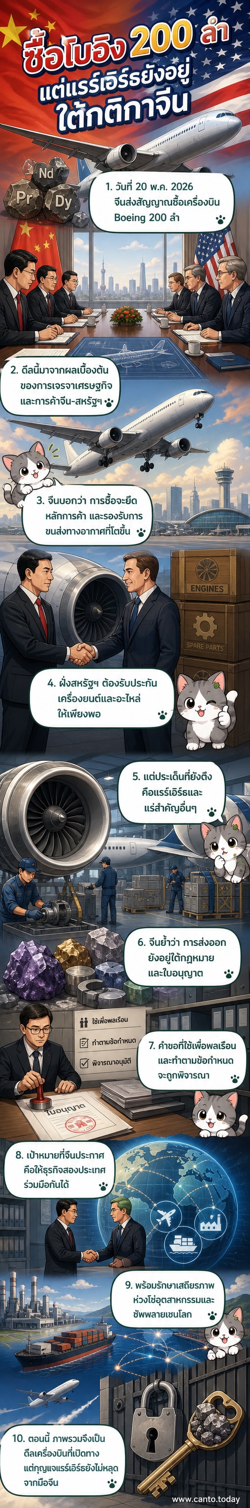 ภาพประกอบแสดงเครื่องบินโบอิงอยู่ข้างธงชาติจีนและสหรัฐฯ บนพื้นหลังสีแดงและสีน้ำเงิน สื่อถึงดีลการค้าระหว่างสองประเทศ
