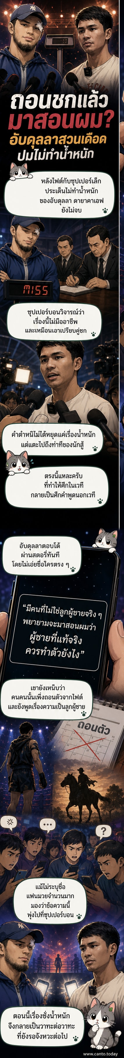 ภาพประกอบเวทีมวยกับสองนักชกที่กำลังเผชิญหน้ากัน พร้อมข้อความโต้ตอบบนโซเชียลมีเดียในพื้นหลัง