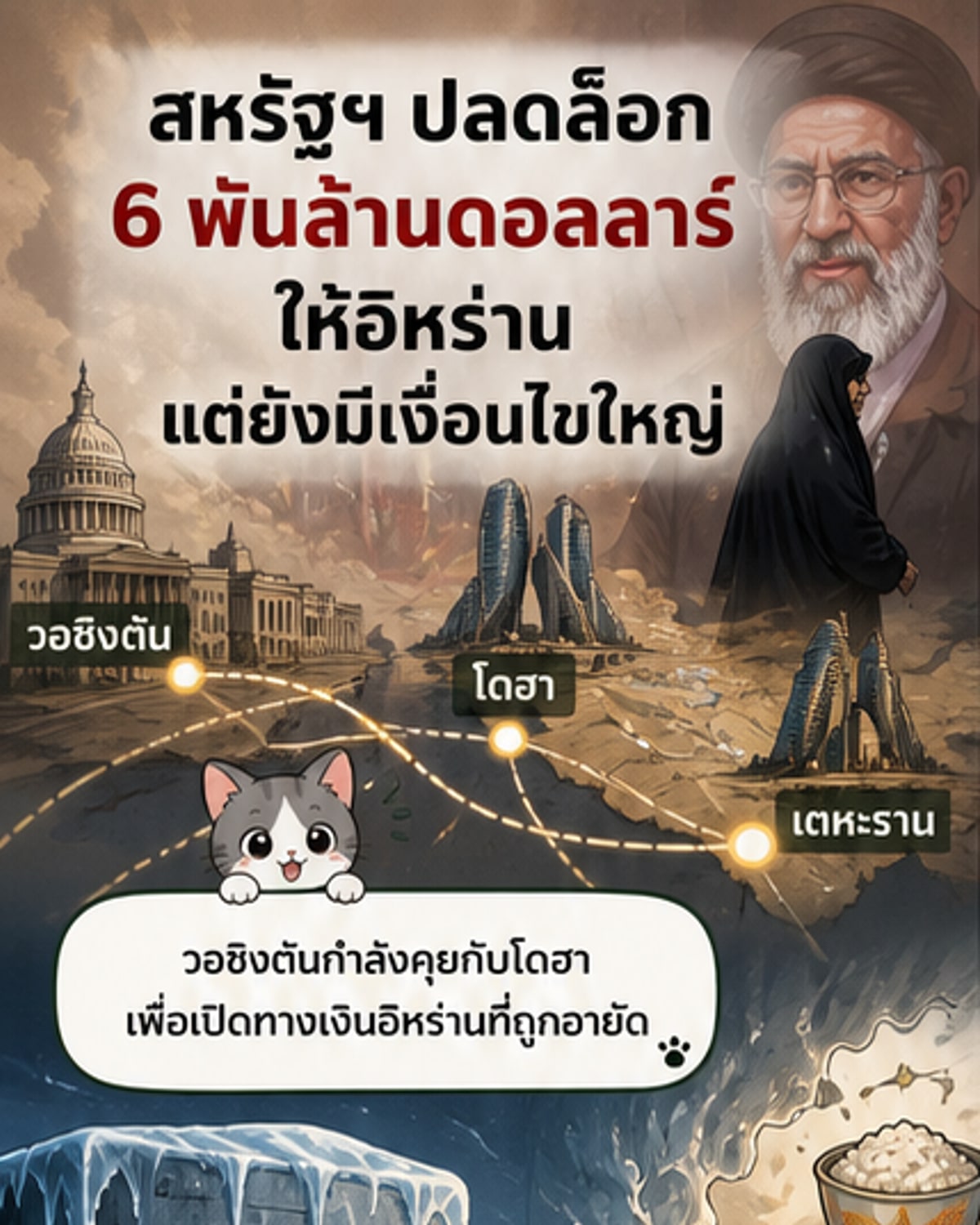 ภาพประกอบแสดงการปลดล็อกสินทรัพย์ของอิหร่าน มีภาพแผนที่ตะวันออกกลาง ตัวเลข 6 พันล้านดอลลาร์ และสัญลักษณ์การเจรจาระหว่างสหรัฐฯ กับอิหร่าน