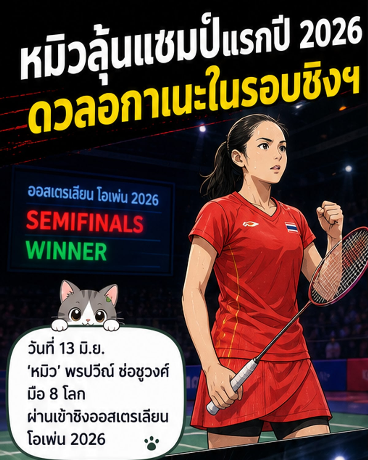 นักกีฬาแบดมินตันหญิงไทย “หมิว” พรปวีณ์ ช่อชูวงศ์ ยืนอยู่ในสนาม พร้อมยกไม้แบดมินตันขึ้นในท่าเตรียมตัวแข่งขัน ด้านหลังเป็นผู้ชมและป้ายชื่อการแข่งขันออสเตรเลียน โอเพ่น