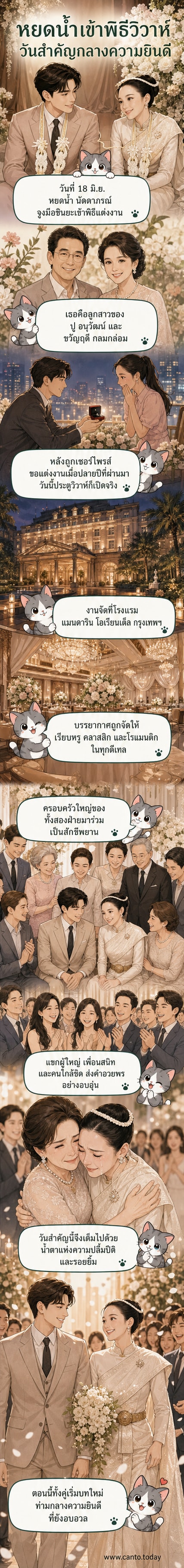เจ้าสาวในชุดคลาสสิกยืนเคียงข้างเจ้าบ่าวในงานแต่งงานที่จัดในโรงแรมหรู