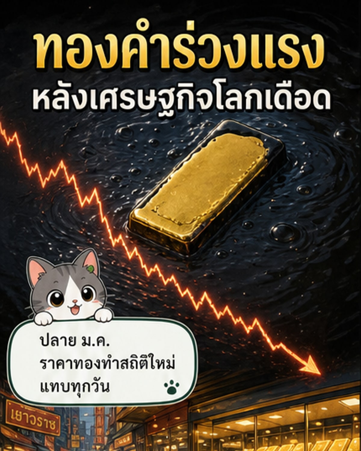 ภาพประกอบแสดงกราฟราคาทองคำที่ร่วงลงอย่างต่อเนื่อง พร้อมภาพช่องแคบฮอร์มุซและปั๊มน้ำมันที่มีป้ายแสดงราคาพลังงานพุ่งสูง
