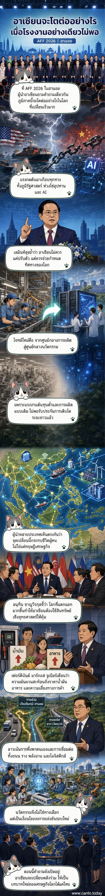 ภาพประกอบการประชุม ASEAN Future Forum 2026 ที่กรุงฮานอย แสดงผู้นำประเทศสมาชิกกำลังหารือเรื่องการเปลี่ยนผ่านสู่ยุคนวัตกรรม
