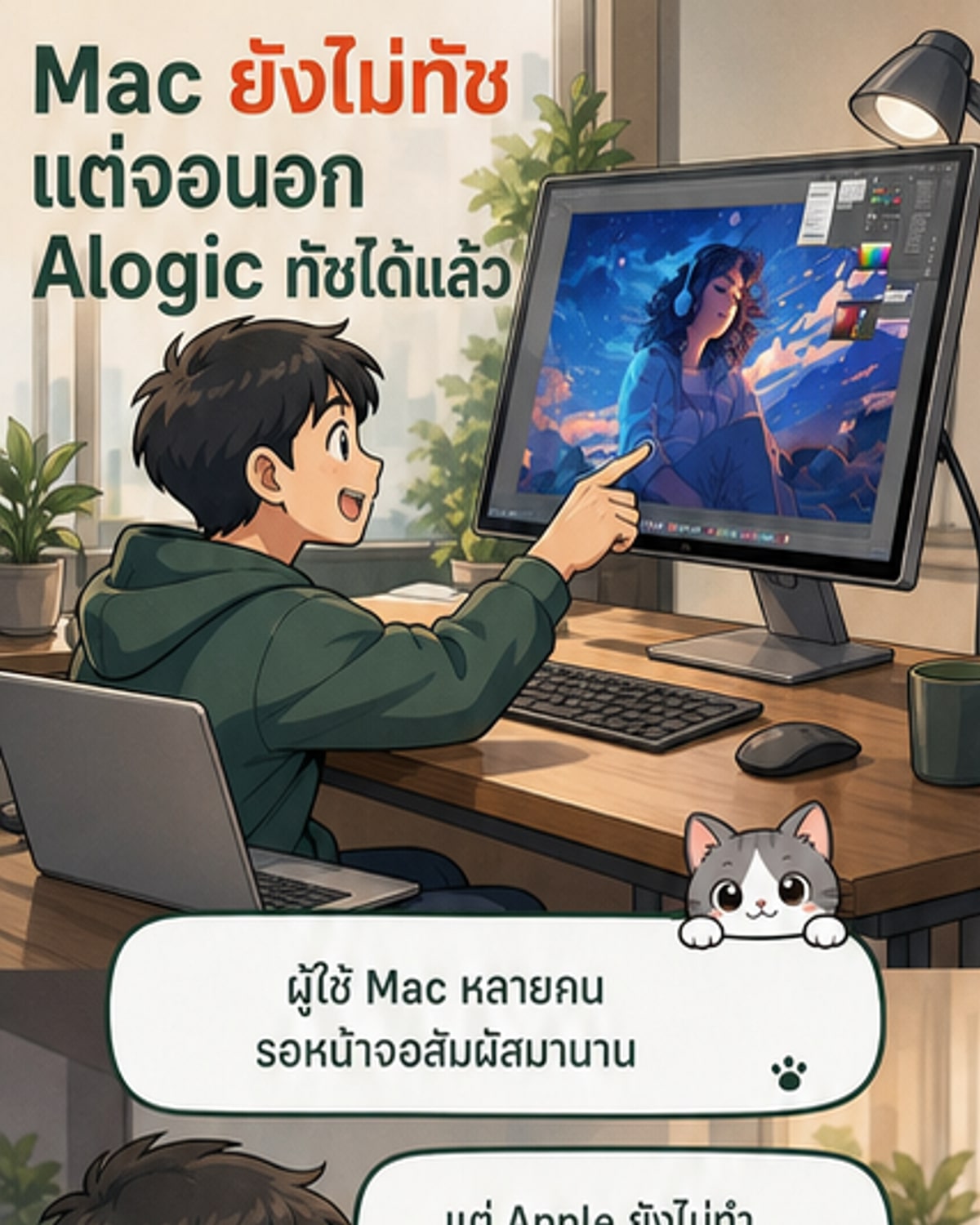 ภาพประกอบแสดงจอมอนิเตอร์ทัชสกรีน Alogic รุ่น Aspekt Touch 27 นิ้ว ที่มีผู้ใช้กำลังสัมผัสหน้าจอด้วยนิ้วและปากกาสไตลัส ขณะเชื่อมต่อกับ Mac