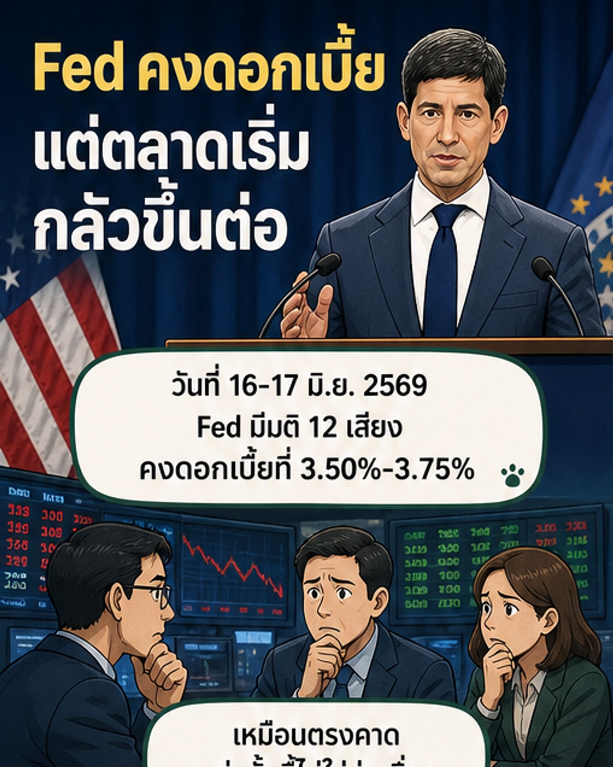 ภาพประกอบการประชุมเฟด 2026 ที่มีชื่อประธาน Kevin Warsh และกราฟดอกเบี้ยที่ชี้ขึ้น พร้อมสัญลักษณ์เหยี่ยวสื่อถึงท่าที 'เหยี่ยว'