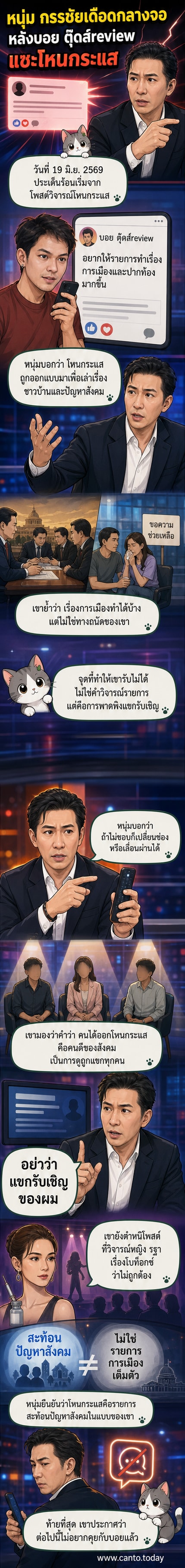 ภาพหน้าจอขณะที่หนุ่ม กรรชัย กำลังพูดในรายการเที่ยงวันทันเหตุการณ์ ด้วยสีหน้าเข้มข้น พร้อมข้อความแสดงการตอบโต้