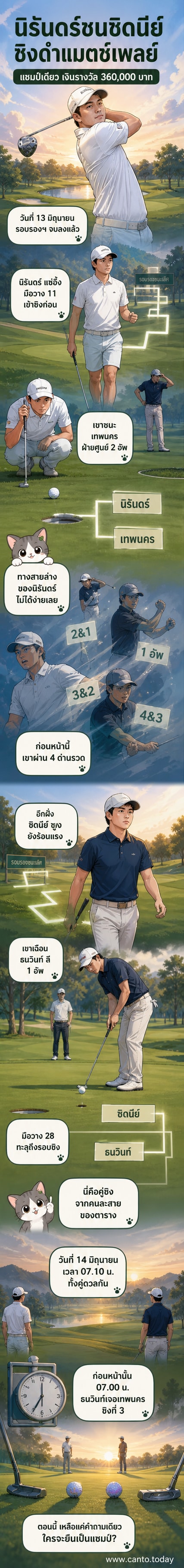 นักกอล์ฟสองคนยืนถือไม้กอล์ฟท่ามกลางสนามสีเขียว พร้อมป้ายชื่อ 'นิรันดร์' และ 'ซิดนีย์' บนหน้าจอการแข่งขัน