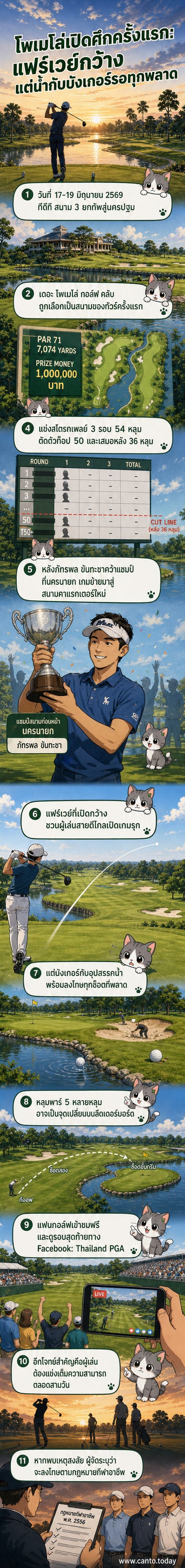 นักกอล์ฟกำลังตีลูกจากทีออฟที่สนามเดอะ โพเมโล่ กอล์ฟ คลับ นครปฐม พื้นหลังเป็นทุ่งหญ้ากว้างและบังเกอร์ทราย