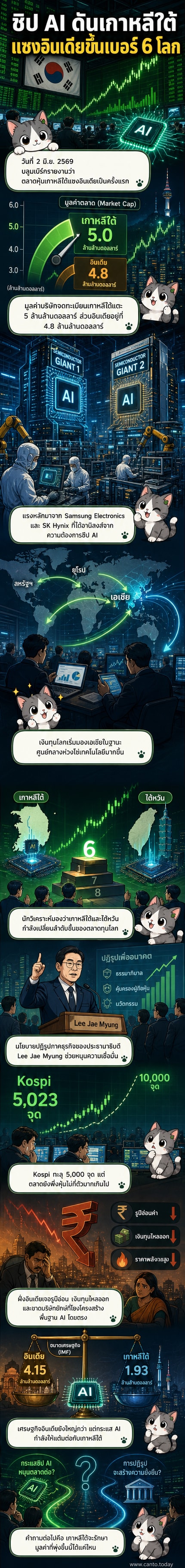 กราฟิกแสดงการเปรียบเทียบมูลค่าตลาดหุ้นเกาหลีใต้และอินเดีย พร้อมภาพชิปคอมพิวเตอร์และโลโก้บริษัทเทคโนโลยี