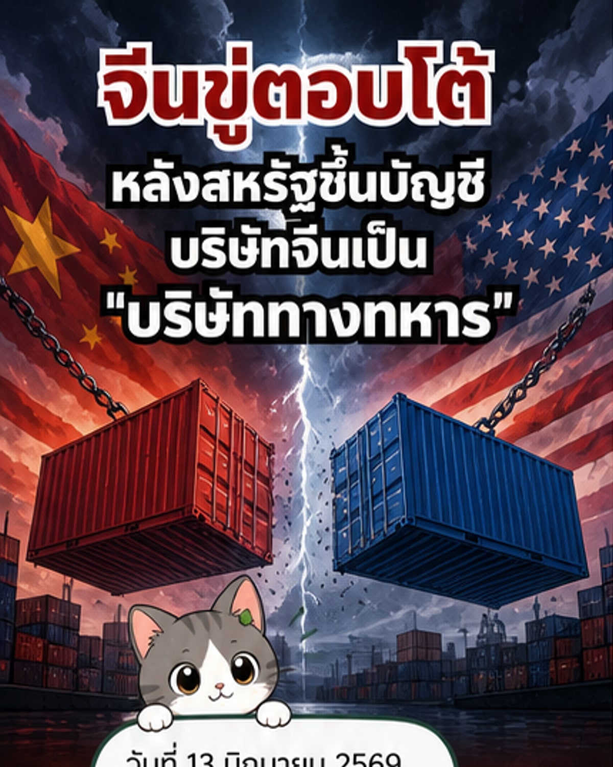 ภาพเว็บตูนข่าวแสดงความตึงเครียดระหว่างจีนและสหรัฐฯ เกี่ยวกับการขึ้นบัญชีบริษัทจีนว่าเป็นบริษัททางทหาร พร้อมสัญลักษณ์ห่วงโซ่อุปทานที่สั่นคลอน