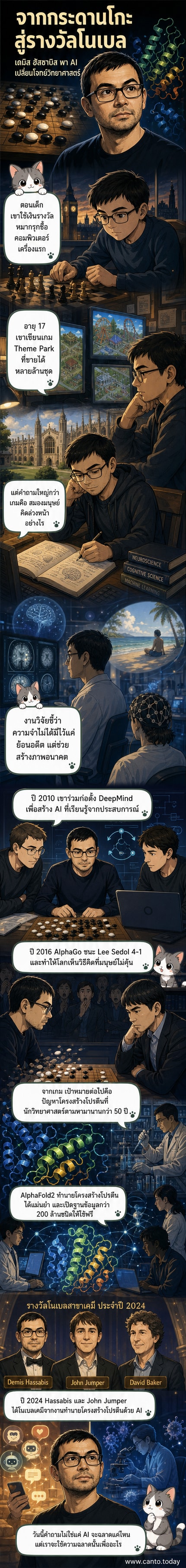 ภาพประกอบชายคนหนึ่งนั่งอยู่ท่ามกลางวงจรไฟฟ้าและโมเลกุลโปรตีน พร้อมภาพซ้อนของกระดานโกะและสมองมนุษย์ แสดงเส้นทางจากเกมสู่การค้นพบทางวิทยาศาสตร์