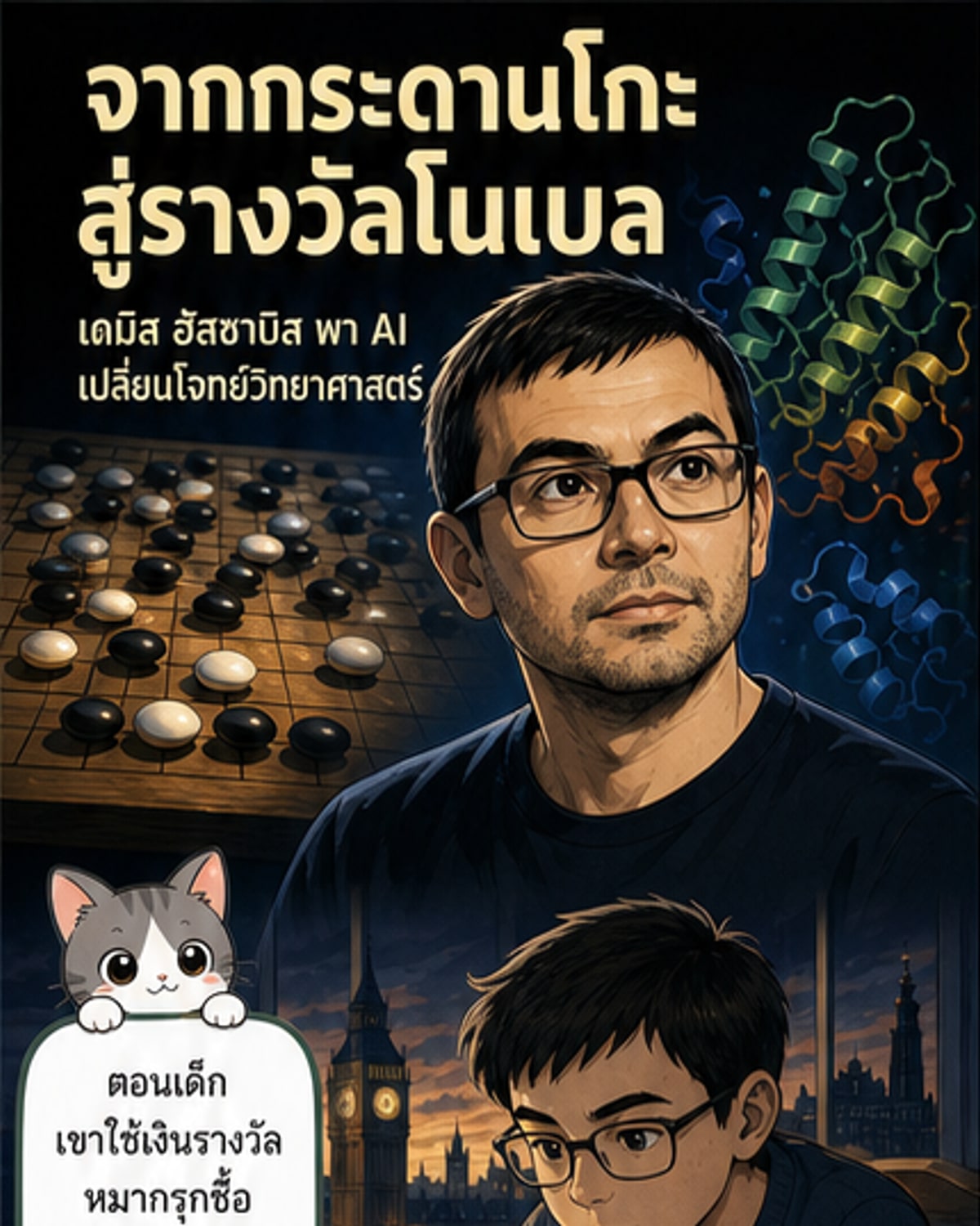 ภาพประกอบชายคนหนึ่งนั่งอยู่ท่ามกลางวงจรไฟฟ้าและโมเลกุลโปรตีน พร้อมภาพซ้อนของกระดานโกะและสมองมนุษย์ แสดงเส้นทางจากเกมสู่การค้นพบทางวิทยาศาสตร์