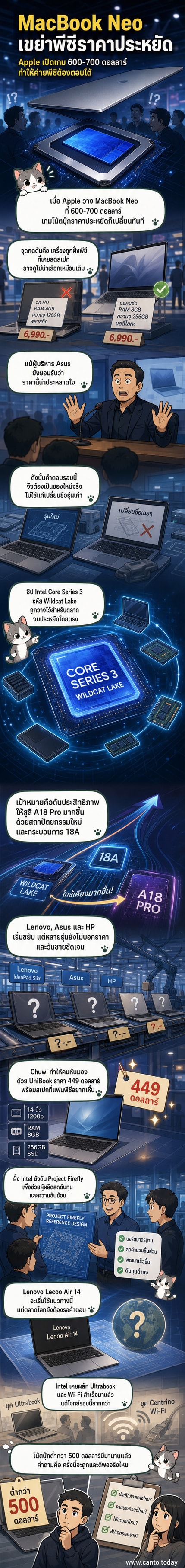 ภาพเปรียบเทียบ MacBook Neo และโน้ตบุ๊กพีซีรุ่นใหม่ที่ใช้ชิป Wildcat Lake บนพื้นหลังสีเทาอ่อน