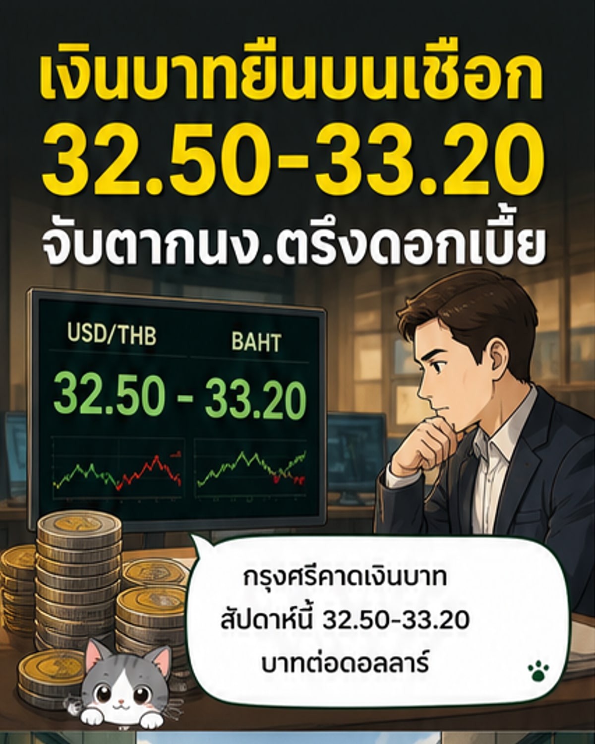 กราฟิกแสดงกรอบการเคลื่อนไหวของเงินบาทที่ 32.50-33.20 บาทต่อดอลลาร์ และสัญลักษณ์ดอกเบี้ยคงที่ที่ 1.00% พร้อมภาพประกอบธนาคารกรุงศรีฯ และกนง.
