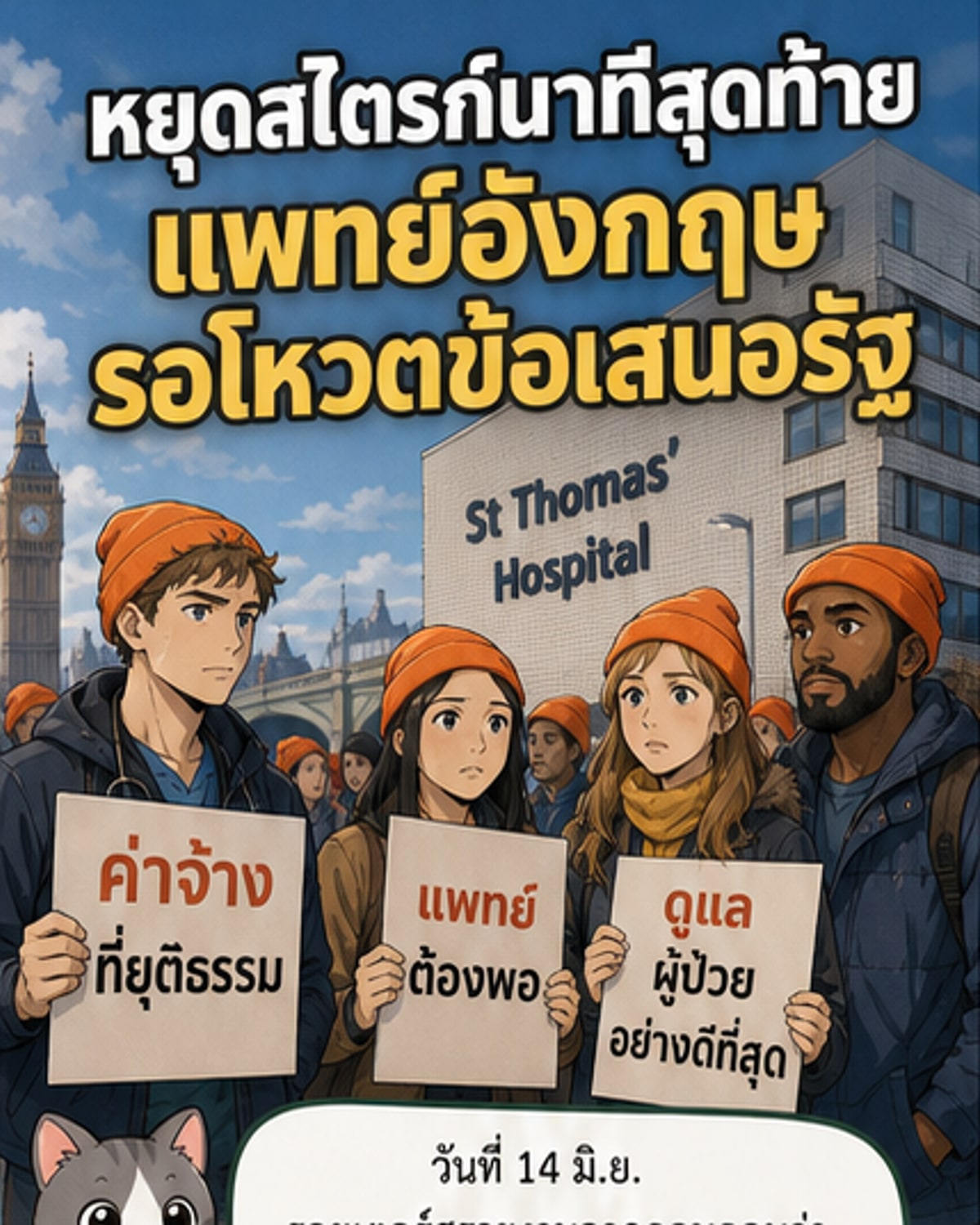 แพทย์ในชุดเครื่องแบบยืนถือป้ายข้อความเรียกร้องค่าจ้างที่เหมาะสม ฉากหลังเป็นอาคารรัฐสภาในลอนดอน