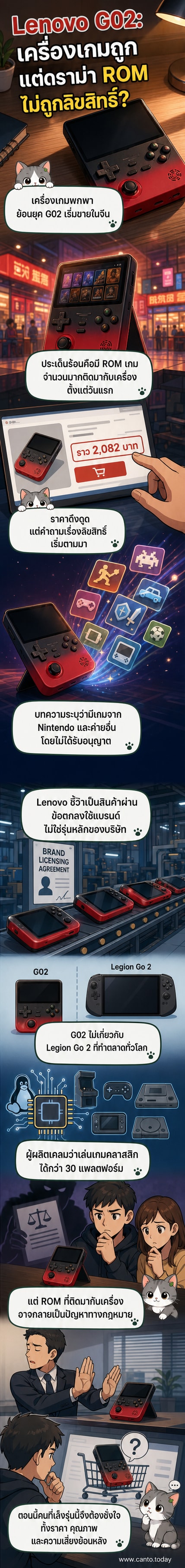 เครื่องเกมพกพาสีดำขนาดเล็ก หน้าจอล้อมรอบด้วยปุ่มกด วางอยู่บนพื้นผิวไม้ ด้านข้างมีสติ๊กเกอร์แบรนด์ Lenovo