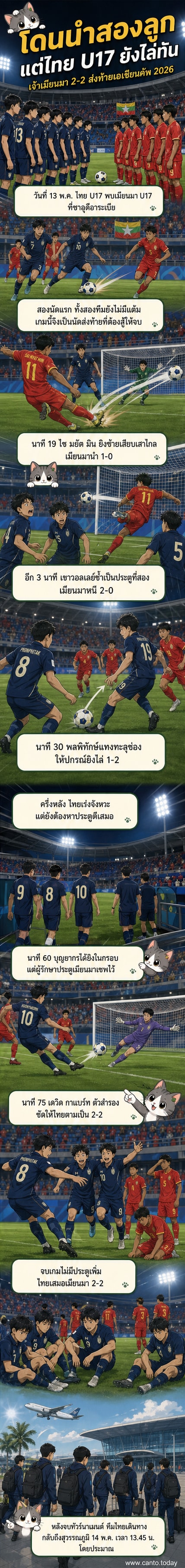 นักเตะทีมชาติไทย U17 ฉลองประตูตีเสมอ 2-2 กับเมียนมา ในศึกชิงแชมป์เอเชีย 2026