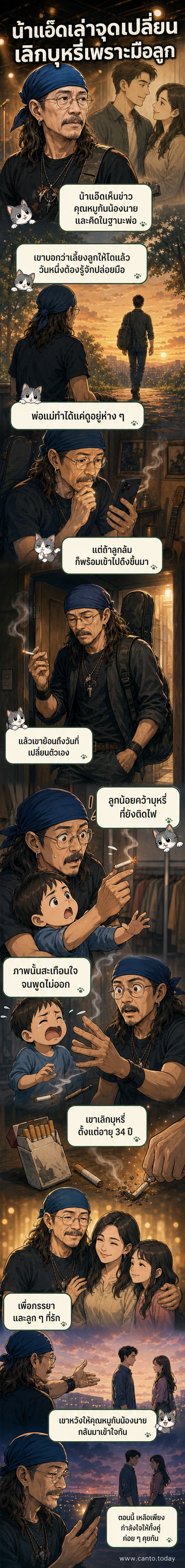 ภาพประกอบเว็บตูนข่าว แสดงแอ๊ด คาราบาว กำลังอุ้มลูกน้อย ขณะที่ลูกคว้าบุหรี่จากปาก บรรยากาศอบอวลไปด้วยอารมณ์สะเทือนใจ