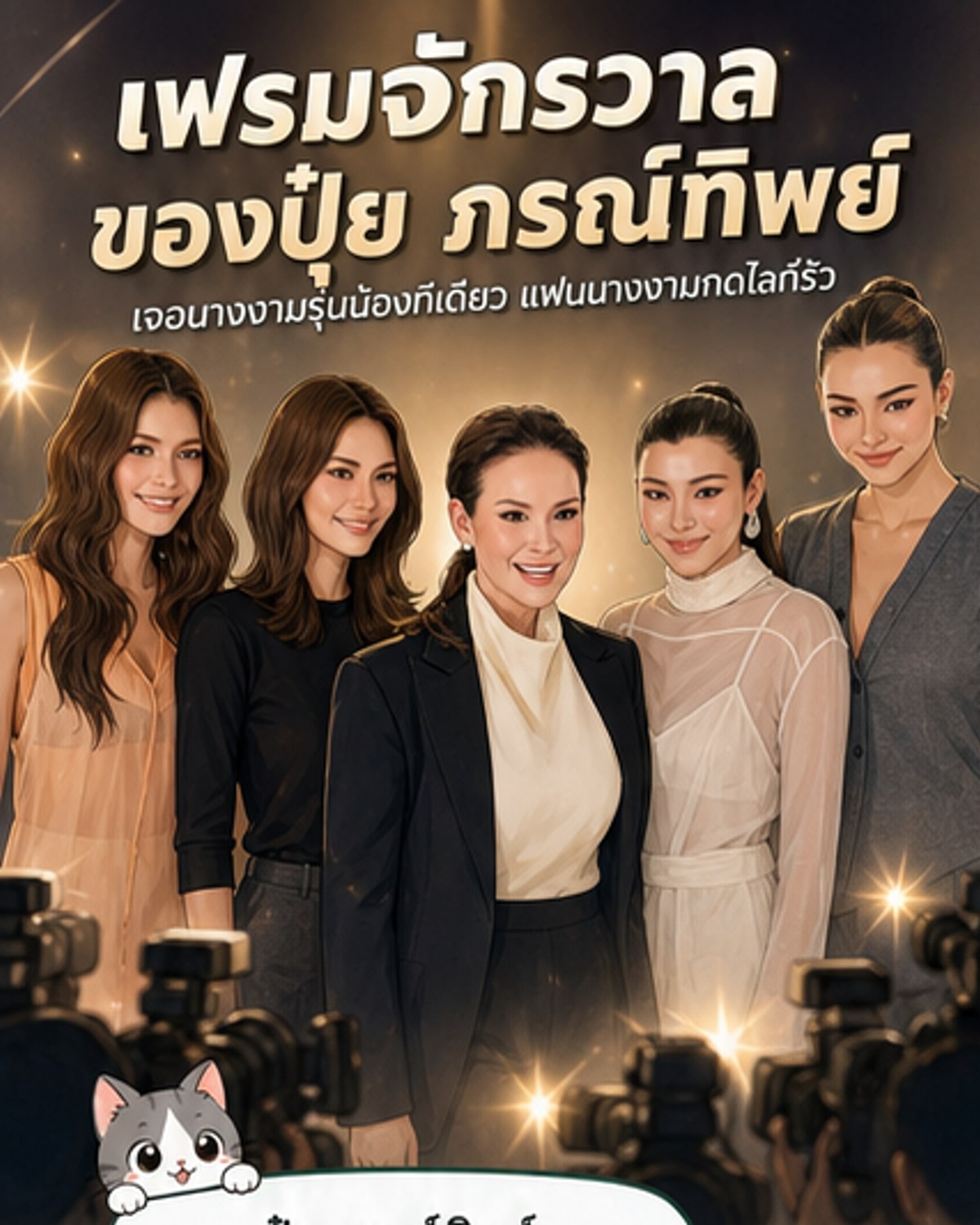 ปุ๋ย ภรณ์ทิพย์ ยืนเคียงข้างนางงามรุ่นน้องทั้งสี่คนในชุดไทยอย่างสง่างาม บรรยากาศอบอุ่นและเป็นมิตร
