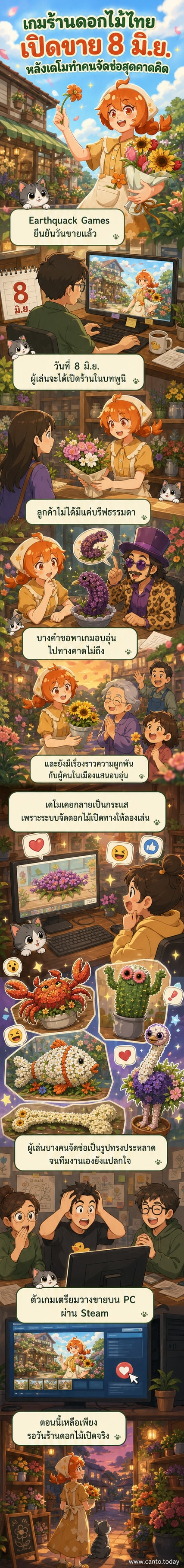 ภาพหน้าจอเกม Puni the Florist แสดงตัวละครหลักกำลังจัดช่อดอกไม้ในร้านโทนสีอ่อน พร้อมลูกค้าที่ยืนรออยู่ด้านข้าง