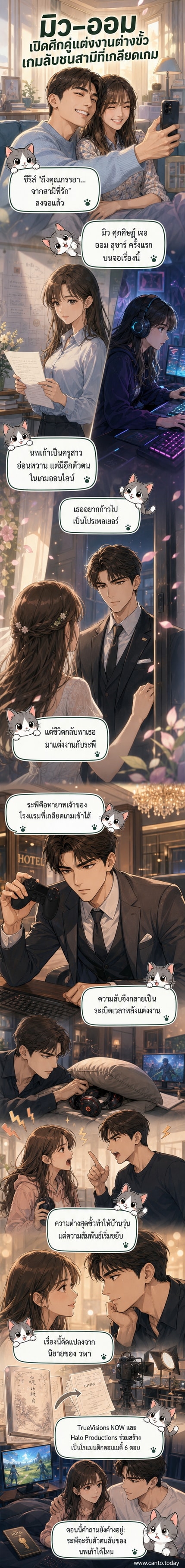 ภาพคู่ของ มิว ศุภศิษฏ์ และ ออม สุชาร์ ในชุดแต่งงาน ท่ามกลางฉากหลังแนวโมเดิร์น สื่อถึงความขัดแย้งระหว่างโลกเกมกับชีวิตจริง