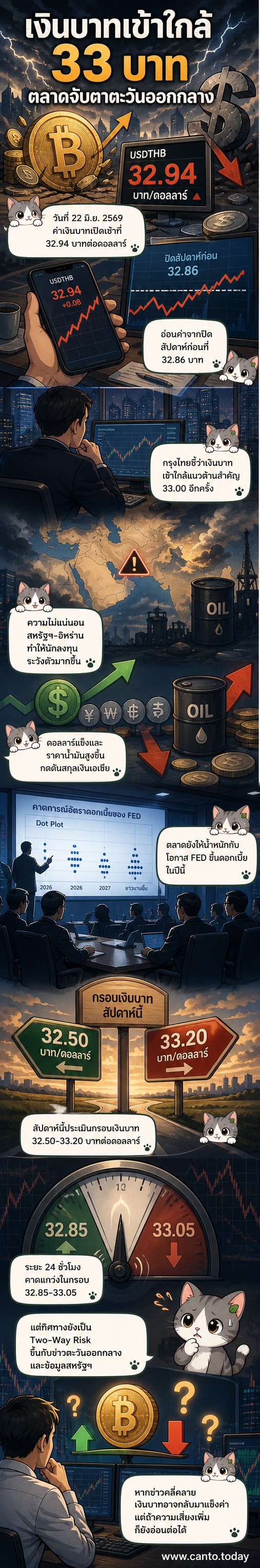 กราฟแสดงการอ่อนค่าของเงินบาทเทียบกับดอลลาร์สหรัฐที่ระดับ 32.94 บาทต่อดอลลาร์ พร้อมภาพประกอบธงชาติไทยและสหรัฐฯ บนพื้นหลังแผนที่ภูมิภาคเอเชียและตะวันออกกลาง