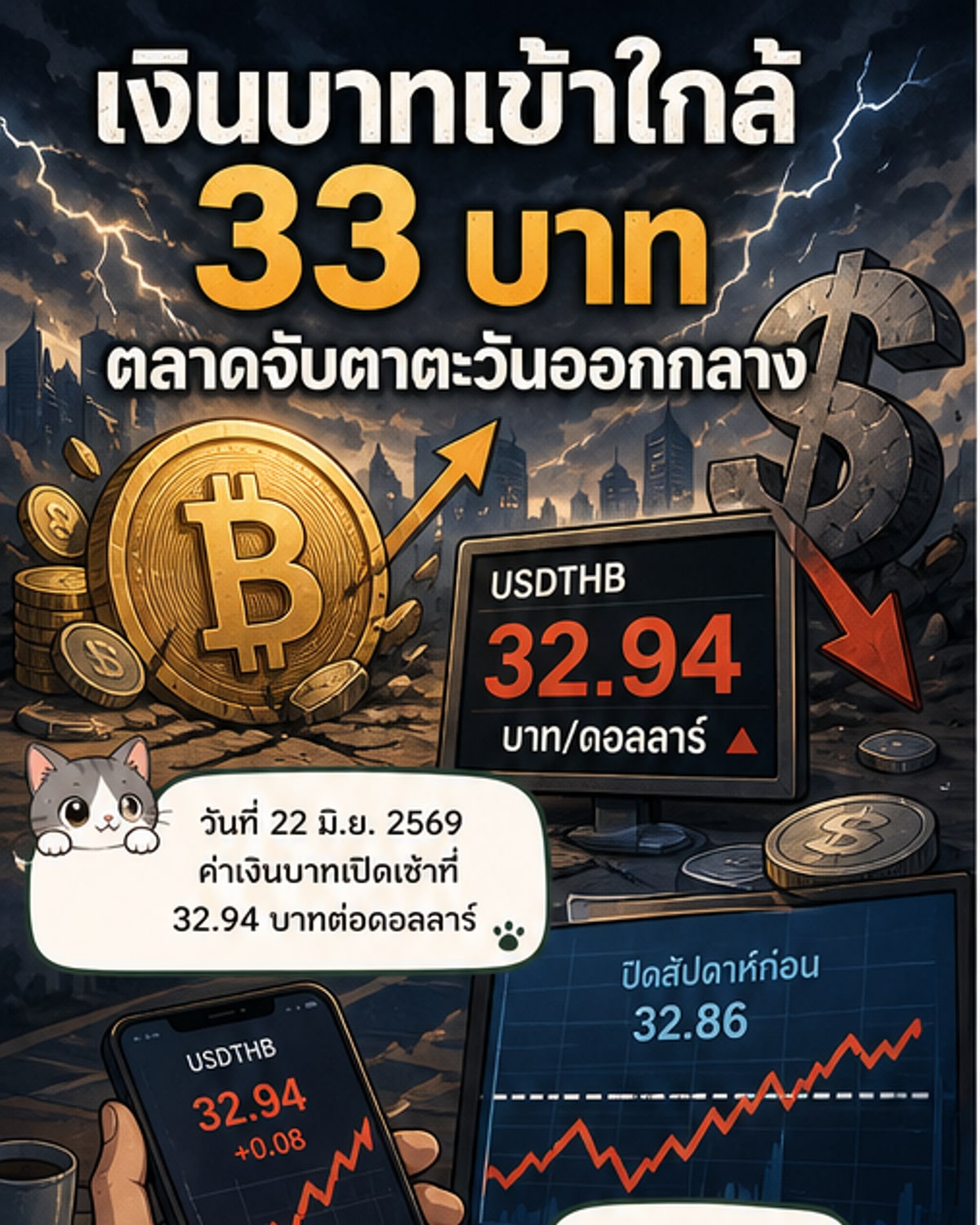 บาทอ่อนแตะ 32.94 ต่อดอลลาร์