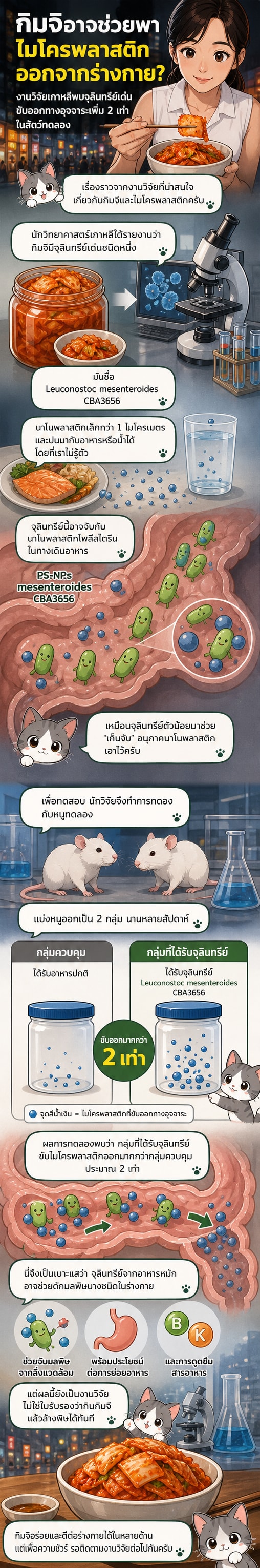 ภาพประกอบแสดงจุลินทรีย์ในกิมจิที่ช่วยจับไมโครพลาสติกในลำไส้และขับออกทางอุจจาระ