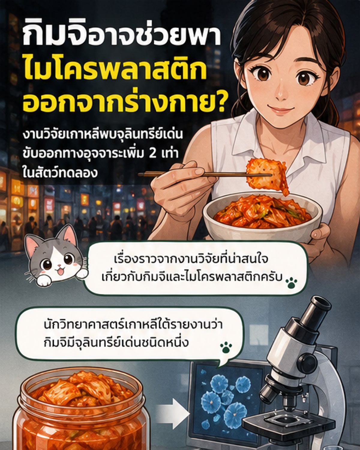 ภาพประกอบแสดงจุลินทรีย์ในกิมจิที่ช่วยจับไมโครพลาสติกในลำไส้และขับออกทางอุจจาระ