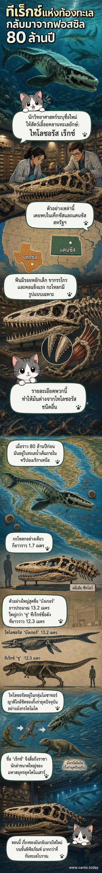ภาพจำลองของไทโลซอรัส เร็กซ์ สัตว์นักล่าทะเลยักษ์ที่มีลำตัวเพรียว จมูกแหลม และฟันขนาดใหญ่ ว่ายอยู่ในมหาสมุทรโบราณเมื่อ 80 ล้านปีก่อน