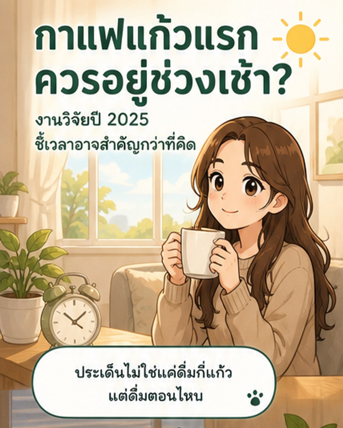 ภาพประกอบเว็บตูนข่าวแสดงคนดื่มกาแฟตอนเช้า พร้อมกราฟิกนาฬิกาชีวภาพและหัวใจ บอกช่วงเวลา 04.00–11.59 น. ว่าเป็นช่วงดีที่สุด
