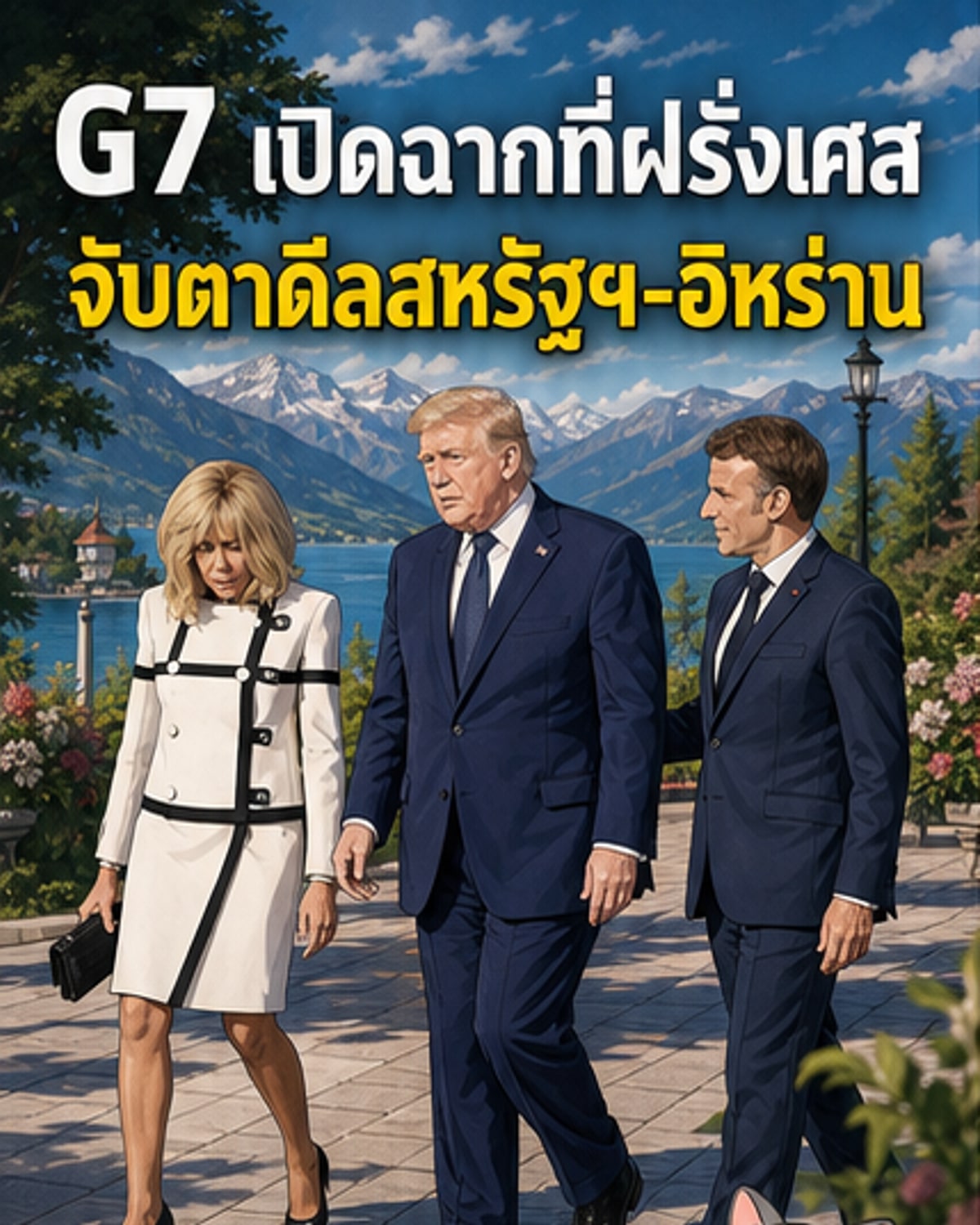 ผู้นำ G7 นั่งประชุมร่วมกันที่โต๊ะกลม ฉากหลังเป็นภูเขาแอลป์ และธงชาติประเทศสมาชิก พร้อมภาพเรือรบฝรั่งเศสแล่นผ่านช่องแคบฮอร์มุซ