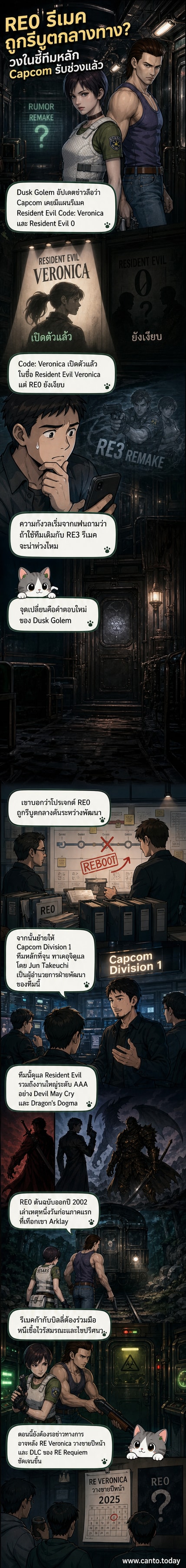 ภาพประกอบเว็บตูนข่าวแสดงทีมพัฒนาเกม Capcom Division 1 รับช่วงต่อโปรเจกต์รีเมค Resident Evil 0 จากทีมเดิม