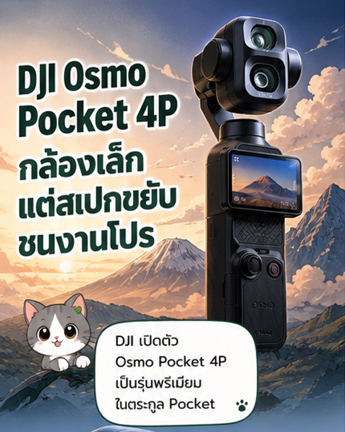 ภาพเรนเดอร์ DJI Osmo Pocket 4P กล้องกิมบอลพกพาสีดำ พร้อมหน้าจอสัมผัสด้านข้าง และเลนส์กล้องคู่ด้านหน้า วางอยู่บนมือถือเพื่อเปรียบเทียบขนาด