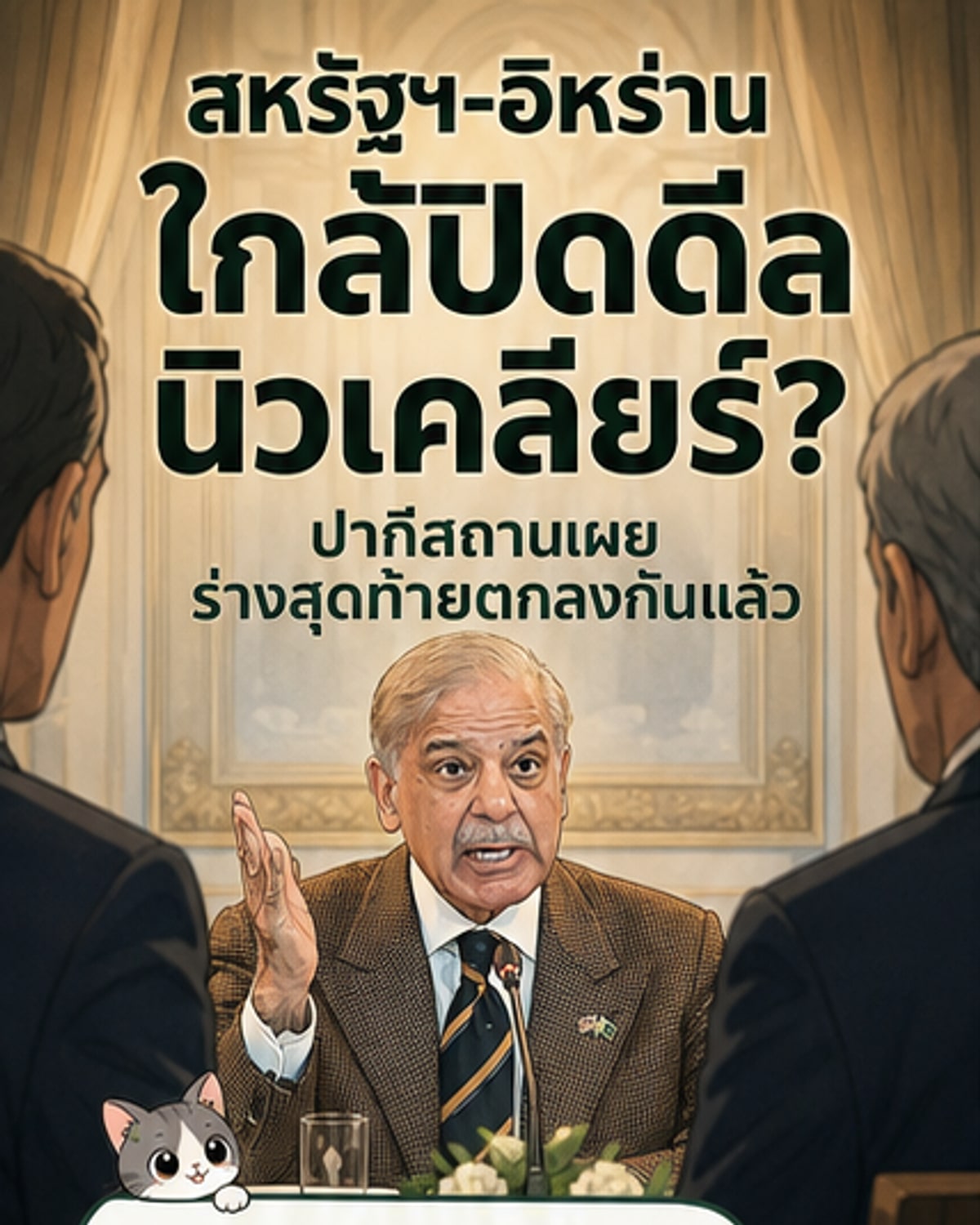 ภาพประกอบเว็บตูนข่าวแสดงข้อตกลงระหว่างสหรัฐฯ และอิหร่าน ภายใต้การสนับสนุนจากปากีสถาน พร้อมไทม์ไลน์สองระยะของข้อตกลงสันติภาพ