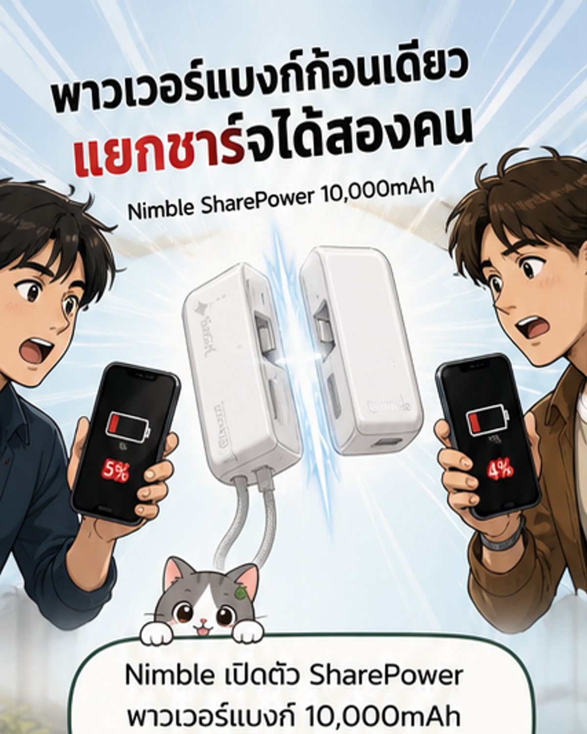 พาวเวอร์แบงก์สีขาวรูปสี่เหลี่ยมแบ่งได้สองส่วนด้วยแม่เหล็ก แต่ละส่วนมีพอร์ตชาร์จและสายในตัว