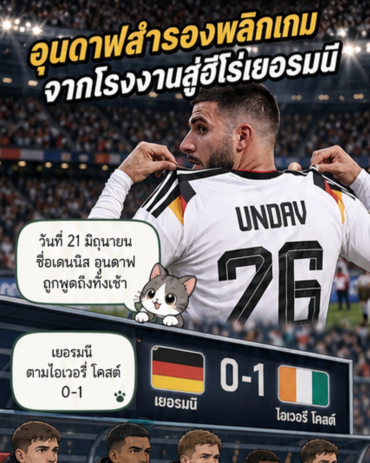 นักฟุตบอลสวมชุดทีมเยอรมนีกำลังฉลองประตู หลังยิงลูกที่สองในเกมฟุตบอลโลก 2026 ที่สนามเต็มไปด้วยผู้ชม