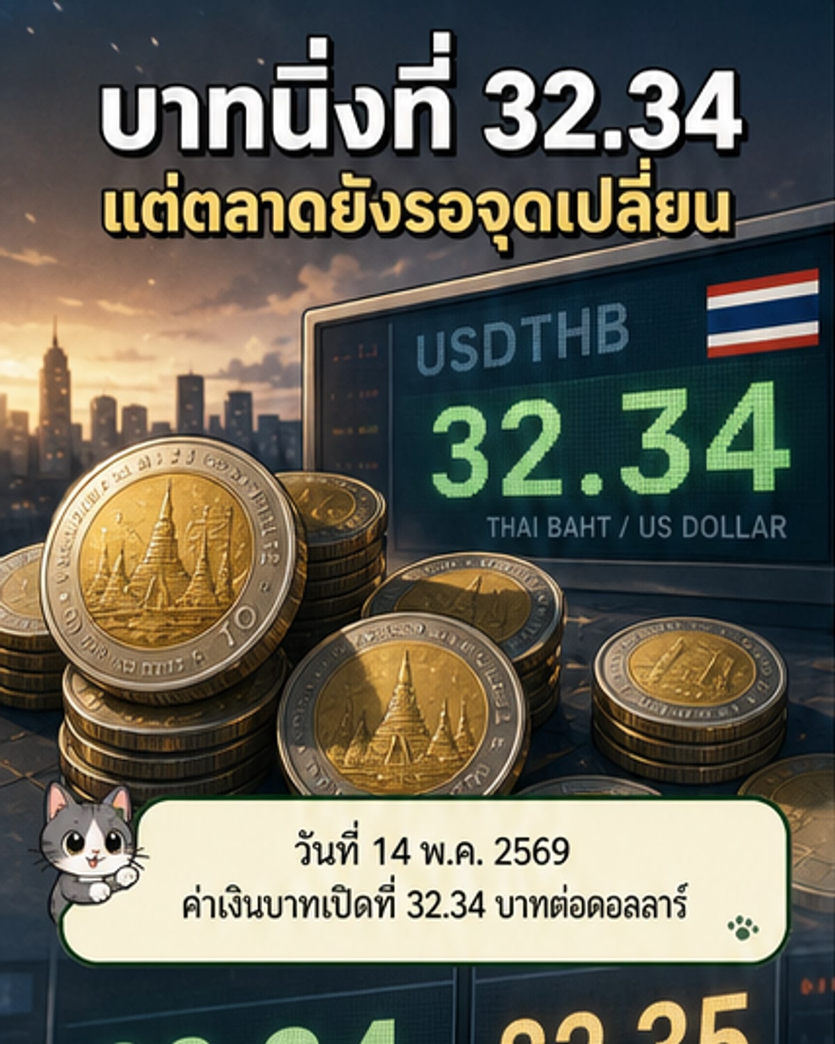 บาทแข็งค่าเล็กน้อยที่ 32.34