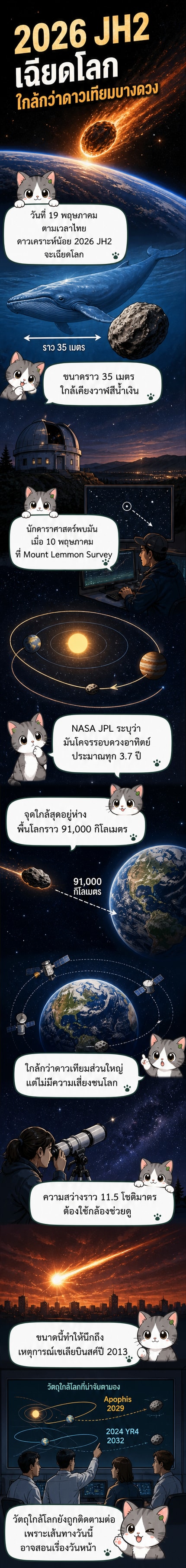 ภาพวาดจำลองดาวเคราะห์น้อยสีเทาขนาดใหญ่โคจรผ่านโลกในอวกาศ พร้อมเส้นทางการเคลื่อนที่และข้อมูลระยะทาง 91,000 กม.
