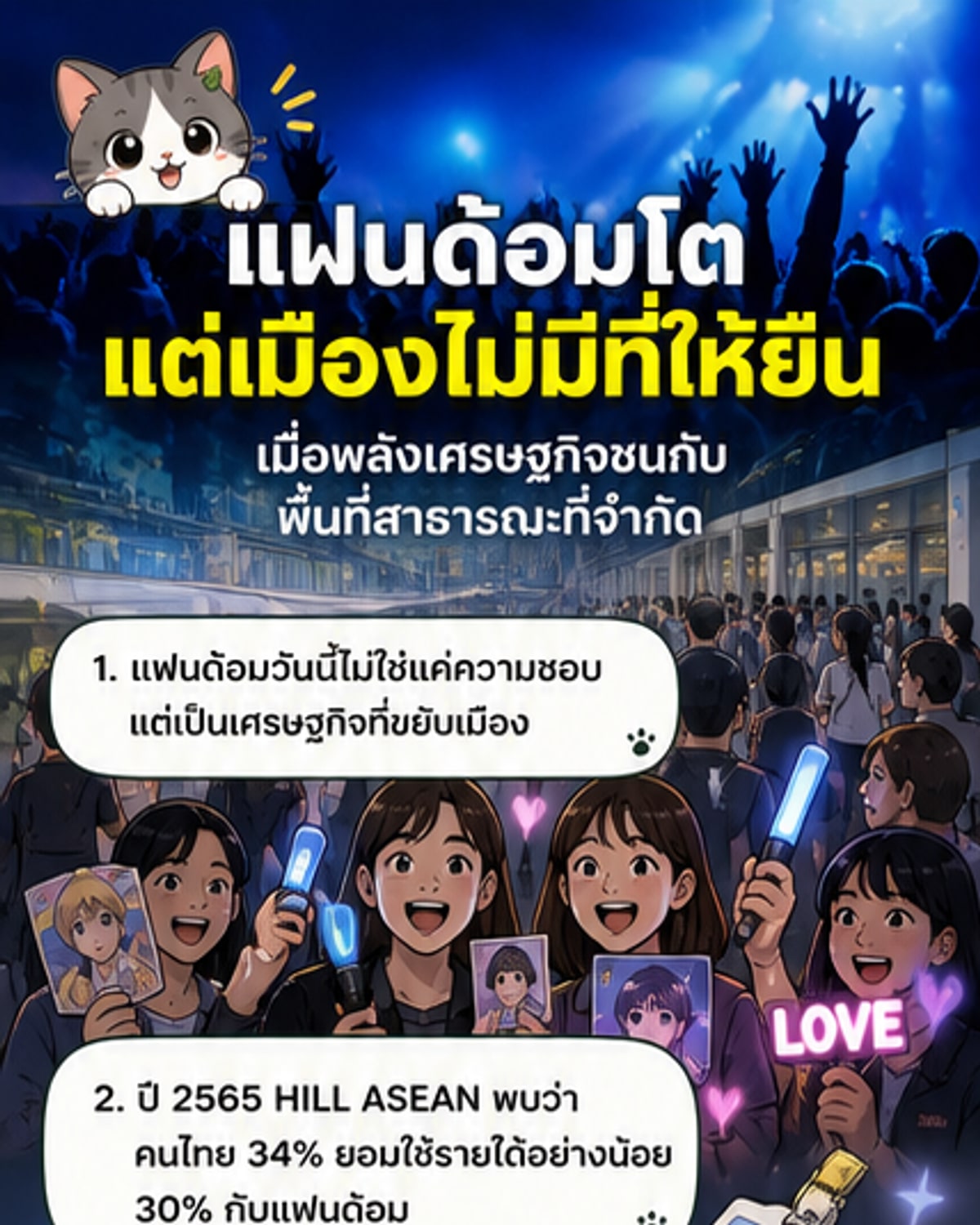 ภาพวาดแนวเว็บตูนแสดงกลุ่มแฟนด้อมยืนรวมตัวกันในลานหน้าห้างสรรพสินค้าที่แออัด พร้อมป้ายข้อความสนับสนุนศิลปินและป้ายเตือนเรื่องการกีดขวางทางเดิน